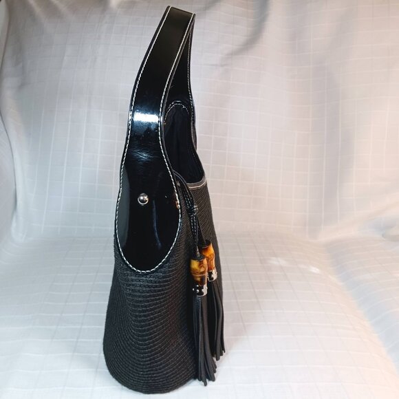 Vintage Talbots Black Wicket Basket Weave Bamboo Tassel Hobo Shoulder Bag - Picture 4 of 9